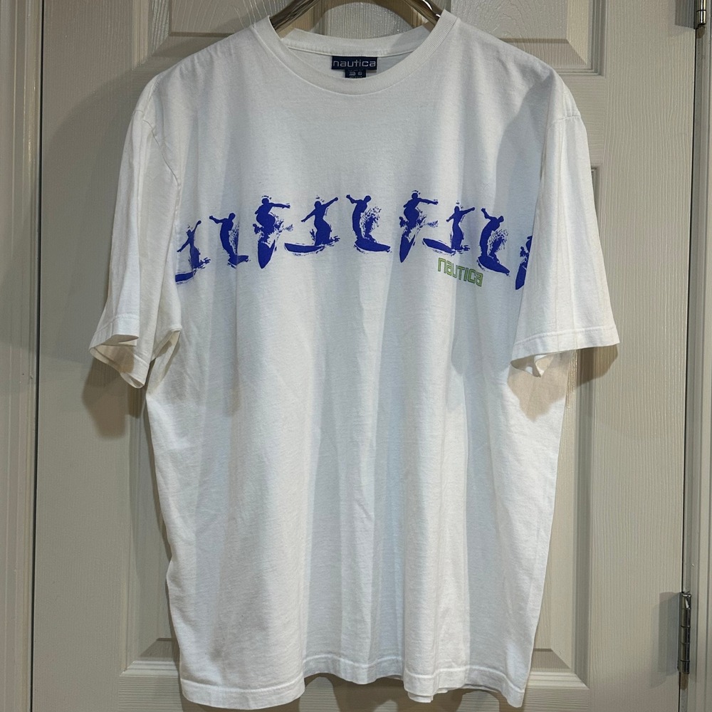 Vintage Nautica Surfer Graphic T-Shirt Mens‎ XL White Made in USA 90s Surf Tee